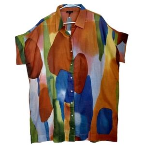 Parfois Tunic Shirt Dress Colorful Button Up Short Sleeve Womens Large NEW